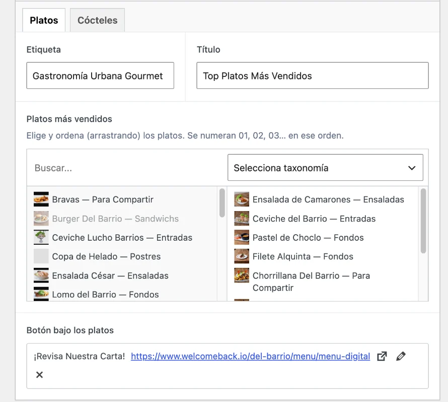 Campo Platos más vendidos de la página Lo Más Vendido: a la izquierda la lista de todos los platos con su categoría, a la derecha los platos elegidos en orden.