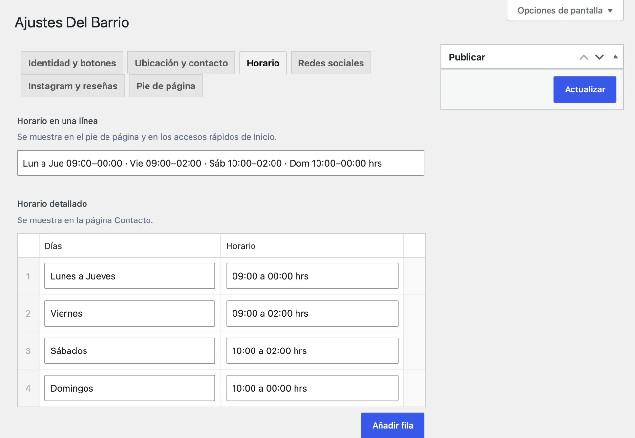 Pestaña Horario de Ajustes Del Barrio, con el campo Horario en una línea y la tabla Horario detallado con Lunes a Jueves, Viernes, Sábados y Domingos.