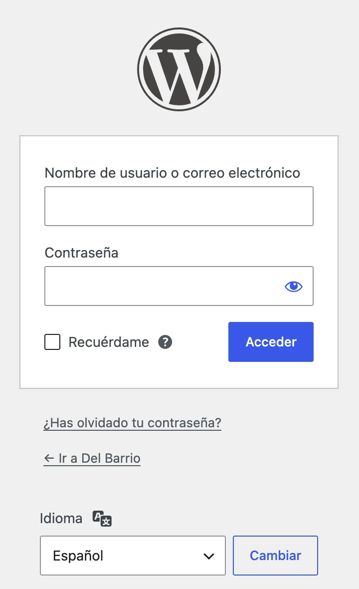 Pantalla de inicio de sesión de WordPress con los campos Nombre de usuario o correo electrónico y Contraseña, y el botón Acceder.
